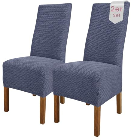 Scheffler Home Stuhlhussen Anthrazit 2er Set Elastisch Luna-lang | Feine Microfaser-Stretch Stuhlbezüge, waschbar und pflegeleicht, für Hochlehner und Polsterstühle