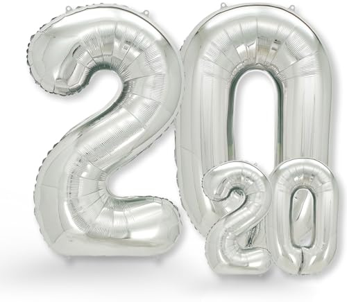 FUNXGO® Ballon decoration anniversaire 20 ans - Lot de 2 - Ballons Numéro 20 en Argent - deco anniversaire 20 ans femme ou homme - Gonflables à l'Hélium - Happy Birthday - Argenté Ballon Chiffre 20