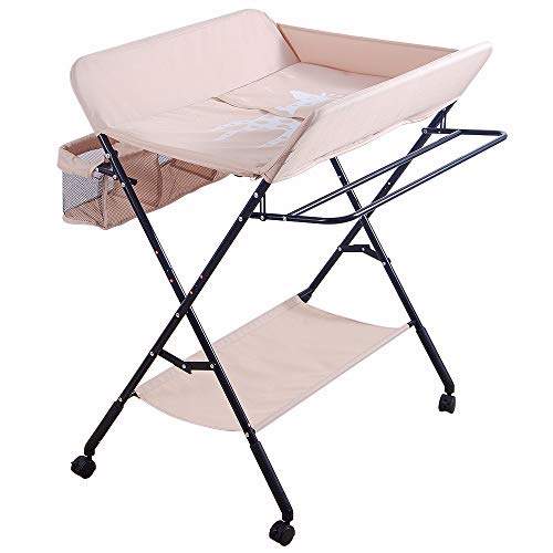 Klappbare Baby Wickelkommode, Wickeltisch mit Ablageflächern, Rollen, Kissen mit Höhenskala, 80 × 66 × (92-95-98) cm, Beige