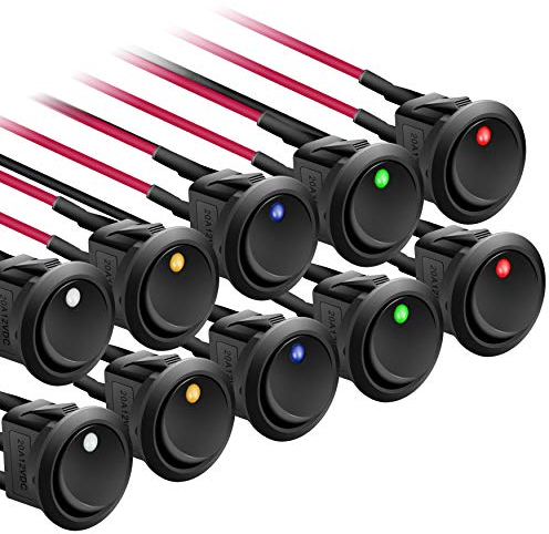 APIELE 10 Stücke mehrfarbig Kippschalter, 2 Position EIN-Aus mit LED-Schalter DPST 3 Pins Wippschalter, 12V 20A Taste Rocker Kippschalter Für Auto, Boot, Haushaltsgeräte KCD2-102N (mit Draht)