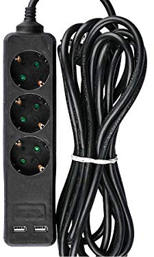LEDLUX Regleta eléctrica con 2 USB y 3 enchufes Schuko, Enchufe 16 A Tipo híbrido F + E, máx. 250 V, 3680 W (Cable de 5 Metros, Negro)
