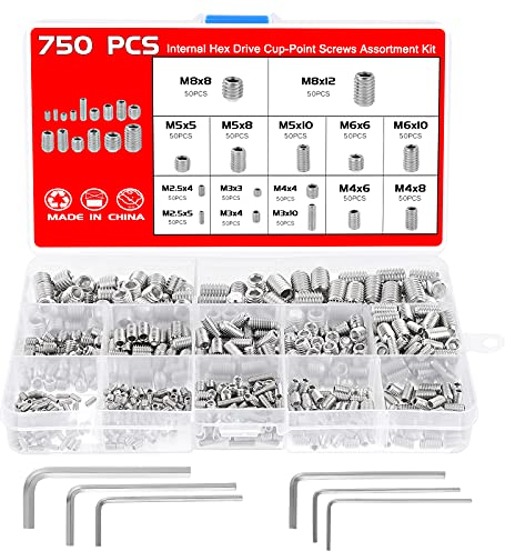 Faankiton 750 Stück Madenschrauben Set, M2.5 M3 M4 M5 M6 M8 Madenschrauben Sortiment Set, Innensechskant Gewindestifte Schrauben mit Inbusschlüsseln, Wurmschraube, Sechskantkopf Schrauben (Silver)