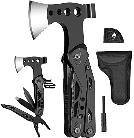 Multitool 16 in 1 Camping Gadgets Survival Kit, Axt, Zange, Klappmesser, Schraubendreher, Flaschenöffner, Edelstahl (Schwarz)