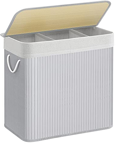 SONGMICS Wäschekorb 3 Fächer, 150 L Wäschesammler mit Deckel, Wäschebox Bambus, mit Griffen, faltbar, Wäschesack herausnehmbar maschinenwaschbar, Waschküche, grau LCB091G01