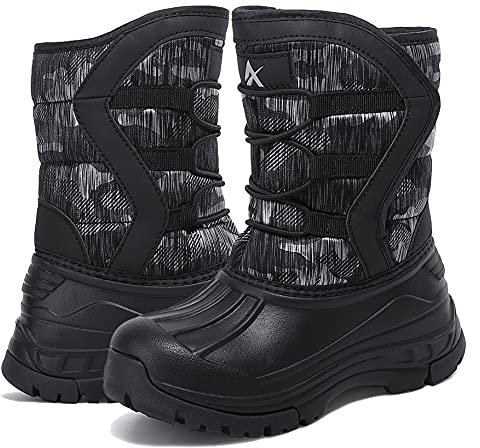Yeerovan Winter Boots Girls Boys Big Kid Snow Boot Warm Waterproof Anti-Slip Anti-Collision Hight-Cut for Outdoor Skiing(T5 Black/Grey 28)