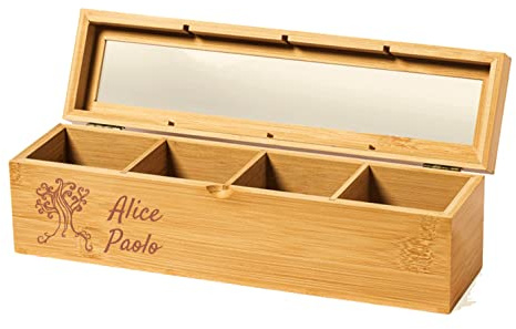 MASTERLASER3.0 Personalisierte Teebeutel und Infusionsbox. Aus Bambus mit Deckel und Glaseinsatz. Anpassbar mit unterschiedlichem Namen, Datum und Schriftart. Beste Geschenkidee