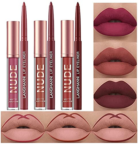 6 Stück Matt Lippenstift & Lip Liner Set, Velvety Nude Lipstick, Waterproof Non-Stick Cup Not Fade Liquid Lipstick, Lip Liner Lip Gloss Make Up Set (Set D)
