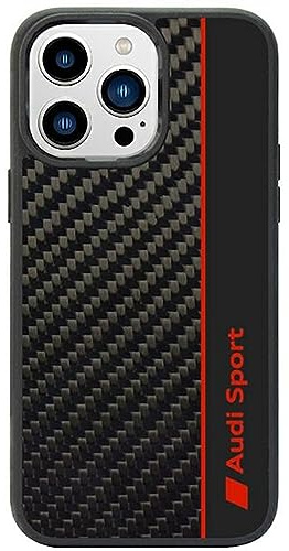 Audi Sport Handyhülle - Kompatibel mit iPhone 14 Pro Max - Stoßabsorbierende Hülle mit Carbon - mit präzisen Aussparungen für Kamera, Anschlüssen & Tasten - Schwarz mit roten Details