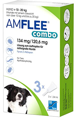 AMFLEE Combo Flohmittel mit Fipronil & (S)-Methopren für Hunde, 134 mg/120,6 mg Lösung zum Auftropfen für Hunde von 10-20 kg, 3 Einzeldosis-Pipetten
