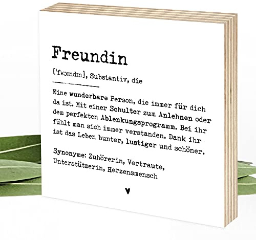 Wunderpixel® Holzbild Definition Freundin - 15x15x2cm zum Hinstellen/Aufhängen, echter Fotodruck mit Spruch auf Holz - schwarz-weißes Wand-Bild Aufsteller Zuhause Büro zur Dekoration Geschenk-Idee