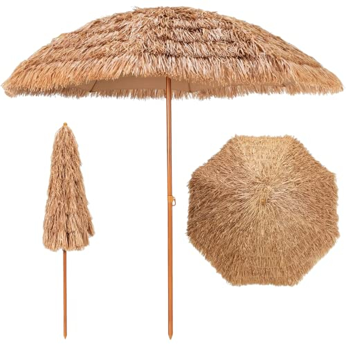 Parasol de jardin/plage Hawaii 200cm tiges en fibre de verre, tissu polyester + PP, tube en acier laqué couleur bois