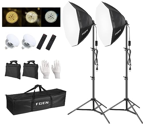 FGen Softbox Set Fotostudio，70cm Achteckiges Softbox LED Fotolicht mit 135W 3000-6500K, 2m Vollverstellbare Lichtstativ Foto licht für YouTube, Tiktok Videoaufnahmen, Studio Portraits, Fotografie