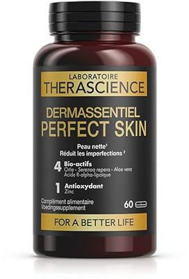 DERMASSENTIEL PERFECT SKIN |Peau nette & sans imperfections |Acné légère à modérée | 4 bioactifs : aloe vera, palmier nain, ortie, acide alpha-lipoique| Zinc| 60 Comprimés | Laboratoire THERASCIENCE
