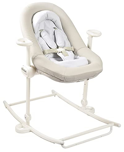 BÉABA, Babywippe, Babywippe Up&Down Plus, 4 Höhen, 3 Neigungen, Faltbar, Sitzverkleinerung für Neugeborene, Sitz aus 100% Baumwolle, hochwertige Verarbeitung, 5-Punkt-Gurt, patentiert, Graubeige