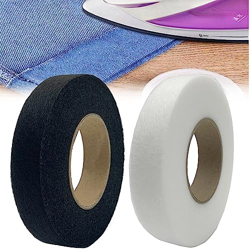 DHER Bügelband Saumband Kleidung Klebeband Selbstklebende Hosen Mundpaste 2 Rollen mit je 70 Metern schwarzem und weißem Saumband, 2 cm breites, aufbügelbares Gewebeband, kein Nähen erforderlich