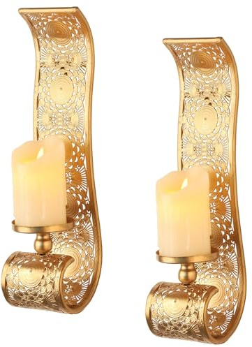 Capesaro Wall Candle Sconce Set of 2,Gold Metal Wall Mount Candle Holder，Spanish Baroque Hollow Carving Wall-Mounting Sconces for Living Room, Bathroom, Dining Areas,Hallways Decorations
