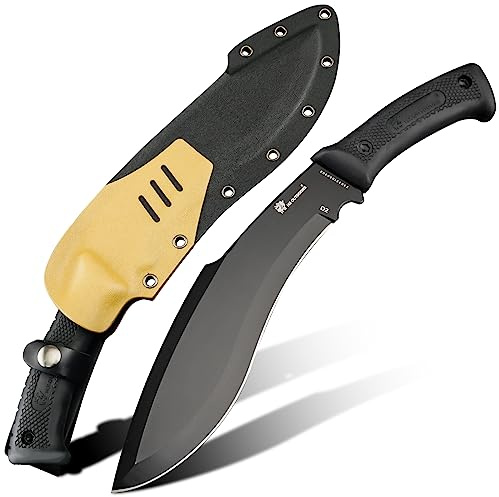 HX Outdoors 14 Inch Bush Machete Kukri Knife, Premium D2 Steel Full Tang Gardening Machete Knife with Kydex Sheath for Outdoor, Camping, Clearing Brush (Black)