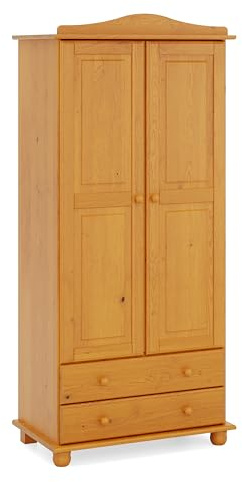 Moblit Armario Dormitorio Ropero 2 Puertas – Armario de Madera de Pino Macizo Natural con Barra y Estantes, Serie Canet, Gran Capacidad, Armario Dormitorio Moderno (197 cm Alto)