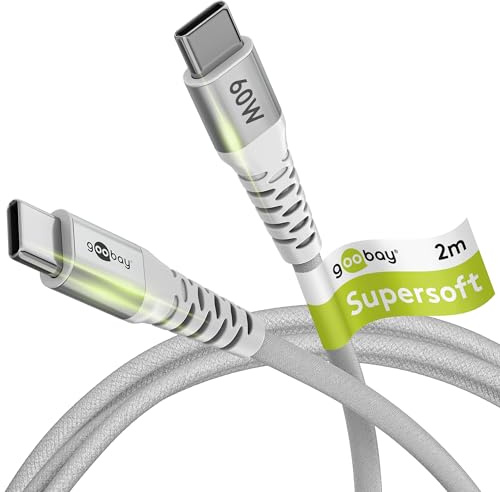 USB-C Schnellladekabel 60W (20V), 2m, 480 Mbits, robustes Textilkabel, Weiß