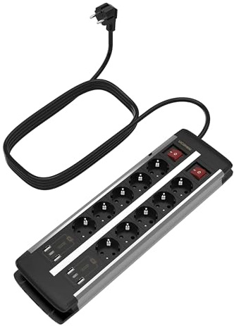 UCOMEN Steckdosenleiste 10-Fach mit 2 USB C + 4 USB A und Überlastschutz, 2m Verlängerungskabel, Doppelschalter, 10 Fach Mehrfachsteckdose für Schreibtisch, Besprechungsraum, Café, 16A/3680W