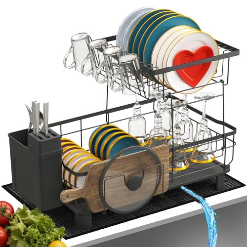 Escurreplatos sobre Fregadero - escurridor de Platos para Fregadero con Alfombrilla escurreplatos y Sistema de Drenaje automático a Fregadero - Fácil Limpieza y Montaje Sin Herramientas (2 Niveles)
