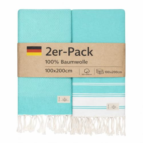 NOUR Hamamtuch Strandtuch | 2er Pack | groß 100x200 cm | aus 100% Baumwolle | Picknickdecke | Saunatuch | Extra leicht | saugstark | schnelltrocknend | Sandfrei (hellblau)