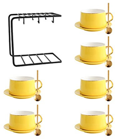 IGZVMBO Tea Cup Set Tea Cups and Saucers Set Coffee Mug Set 5.3 Inch Plates and 8.8Oz Mugs Cup for Café Mocha Espresso Bar Coffee Cup Set, 6 pcs, Yellow