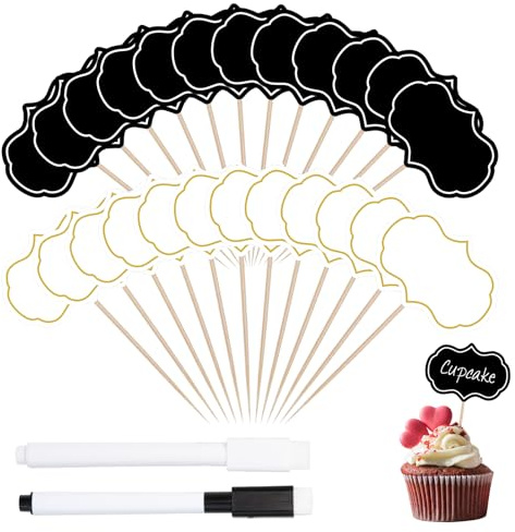 Sxutop 100 Stück Buffet Schilder zum Beschriften, mit Stift, Schwarz, Weiß | Kuchen Beschriften Schilder, Fähnchen zum Beschriften, Käse Marker, Buffet Etiketten, für Party, Preisschilder, Kuchen, Essen