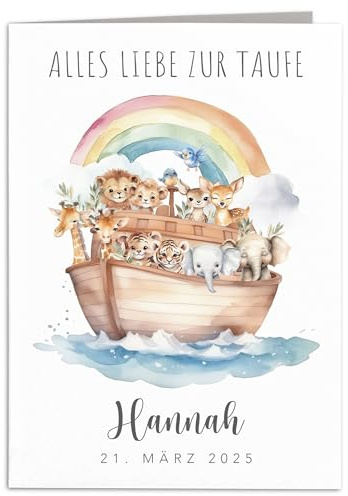 Taufkarte personalisiert mit Arche Noah als Geschenk zur Taufe | Personalisiert, hochwertiger Karton, für Mädchen & Jungen, Geldgeschenk-Verpackung, inkl. Umschlag