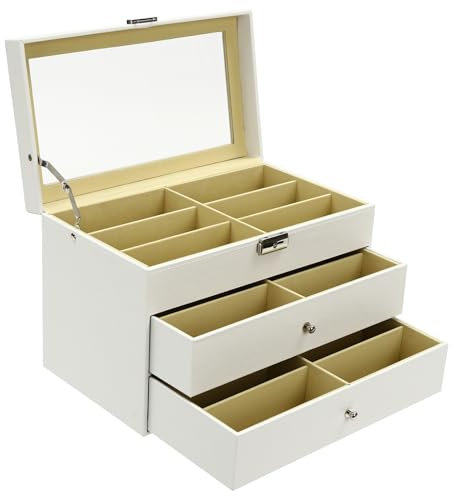 WooDerson Brillen Aufbewahrungsbox Mit 18 Fächern, Brillenetui Für Mehrere Brillen, 3 Lagen Multifunktionale Brillenbox Mit Schloss Und Schlüssel, 2 Schublade, Weiß, Rechteckig