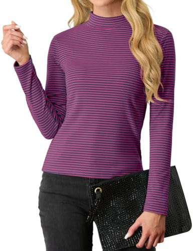 PrinStory Damsweatshirts långa ärmar tröjor dam stretch polotröja t-shirt smal passform toppar höst vinter ledig tunika toppar, Rose marinblå ränder, S