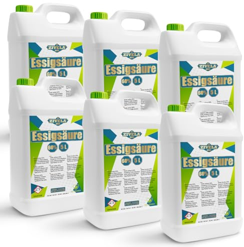 30 l d'acide acétique 60 % de qualité supérieure - 6 x 5 l d'essence de vinaigre 60 % de qualité alimentaire - Vinaigre de haute pureté pour des applications polyvalentes - Parfait pour un usage