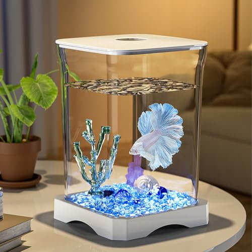 Lidzopas Betta - Mini acquario rettangolare da tavolo, con foro di alimentazione superiore e luce inferiore integrata per pesci Betta, gamberetti, pesci rossi