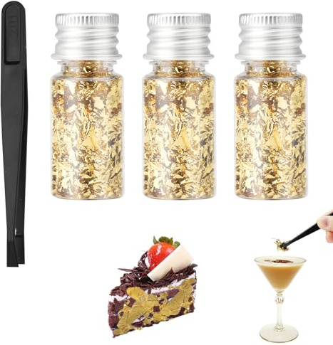 APOMOONS 3 Flaschen Blattgold zum Basteln mit Pinzette, Goldfolie zum Basteln Tortendeko Gold Streusel Gold Folie, Dekorfolie für Malerei, Harzkunst, Vergoldete Statue, Nagelkunst