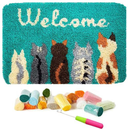 Kaxtde Cat Latch Hook Rug Kit, DIY Cat Rug Making Kit for Adults and Kids | Colour-Coded Pre-Printed Canvas, Beginner Friendly, 60 x 40 cm Cat Rug for Bedroom Bathroom Décor