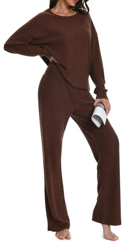 Rolcoassuns Pyjama Set für Damen, 2 teiliges Geripptes Damen Outfit, Loungewear Sets, Freizeitanzüge Homewear, Rundhalspullover mit Langen Ärmeln und Hose mit weitem Bein und Gummibund