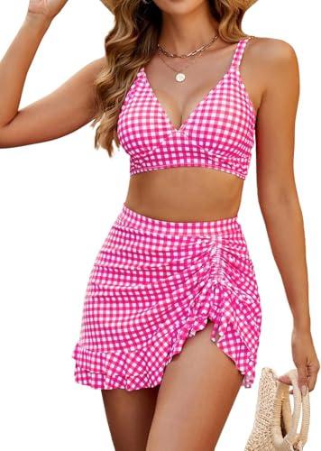 LLECDASEUI Dam retro rutig tryckt bikiniset rygglös bikini med hög midja kjol magkontroll tvådelad baddräkt, rosa, S