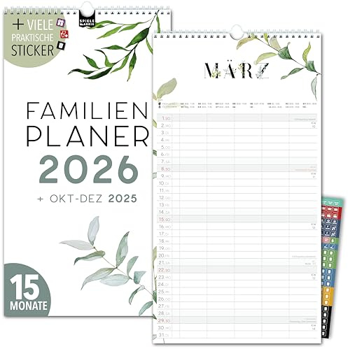 Familienkalender 2026 5 Spalten FLORAL Familienplaner 2026 mit STICKER Urlaub Recycling Ferien Wandplaner 2026 Wandkalender 23 x 43cm inkl. Okt-Dez 2025, Pflanzkalender, Blume Flower Garten Boho