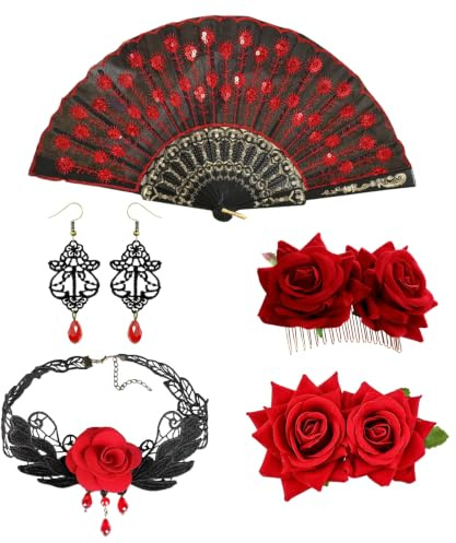 GWAWG Set di 5 accessori per capelli con fiore al seno, aghi, decorazione da sposa, per donne, rose, accessori per capelli, matrimonio, fermagli per capelli spagnoli, pieghevoli, con motivo a flamenco