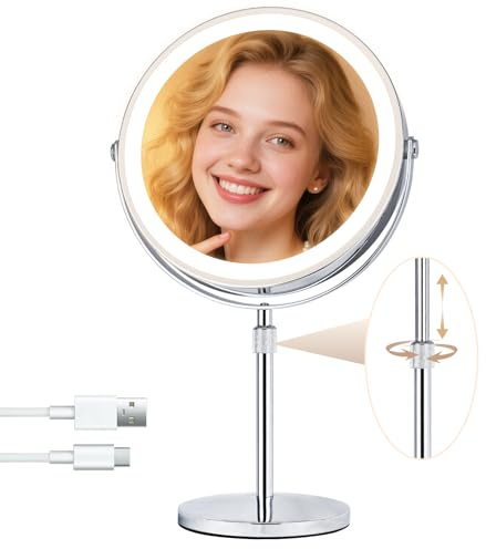 WITFAMILY Wiederaufladbar Kosmetikspiegel mit 1X/10X Vergrößerungs LED Make-up Spiegel mit Lichtern, 9 Zoll doppelseitiger schwenkbarer Kosmetikspiegel mit höhenverstellbarem Ständer
