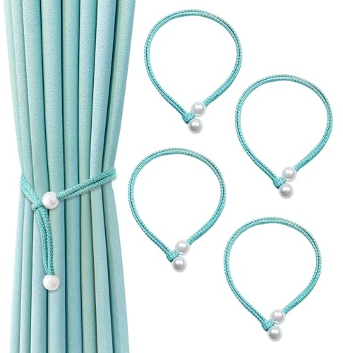 SUBTAVIK 4 Fermatende, Fibbia in Corda con Perle, Fermatende Eleganti Intrecciati, Regolabili per casa, Ufficio, Soggiorno, Camera da Letto (Blu)