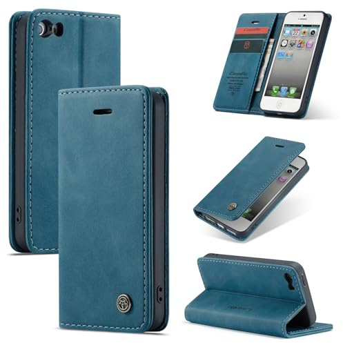 Ottcooed for iPhone SE (2016) iPhone 5 iPhone 5S Case with Card Holder Slots Kickstand Shockproof PU leather Wallet Flip Magnetic Closure Protective phone Cover for iPhone 5S, Blue-green