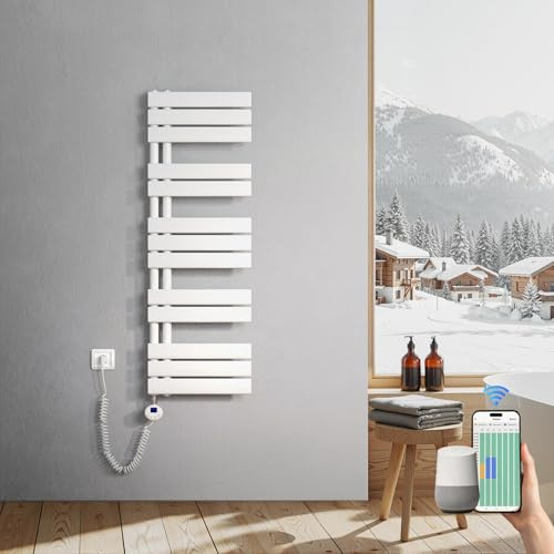 Heilmetz Badheizkörper Elektrisch 1176 x 400mm Weiß mit WIFI Smart Heizstab 600W, Flach Handtuchwärmer Elektrischer Handtuchheizkörper mit Smartes Heizelement für Handtuchtrockner APP-Steuerung
