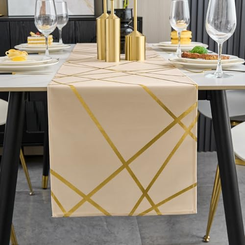 Brylleii Tischläufer Modern Beige Creme Glänzend Gold Geometrie 33 cm Breit Tischdeko Tischband 180 Lang Abwaschbar Landhausstil Tischdecke Dekoratives für Couchtisch Esstisch Küche Hochzeit