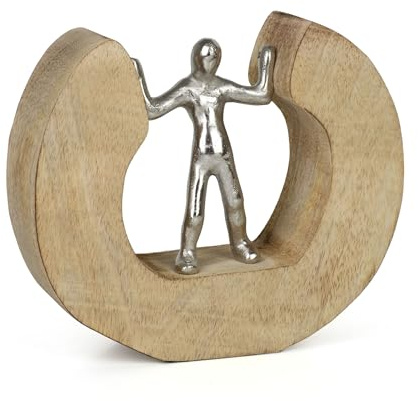 Moritz Mediator 18,5 cm Silber – Mangoholz Dekofigur Skulptur Balance Regal | Aluminiumfigur auf Naturholzring, Handarbeit und Unikat, Symbol für Ausgleich und Teamgeist, edle Geschenkidee fürs Büro