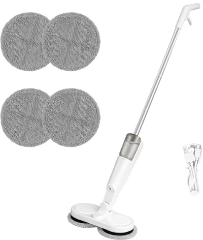 Electric Floating Mop Rechargeable Cordless Motorised Spin Mop With 4PCS Pads, Dual Spin Floor Polisher with 200ML Water Tank & 2.0 Ah Battery, Compact Cleaner Kit for Patio Cleaning and Washing