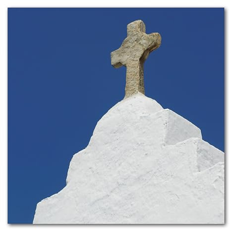 Glücksvilla - Mykonos croce davanti al cielo – (immagine in vetro acrilico 5 mm, 50 x 50 cm) in Germania – XXL Quadro decorativo quadrato – Grecia Cicladi Croce Fede Gesù