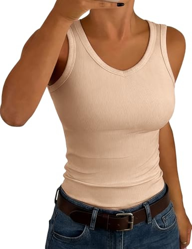 Aottori Canotta Donna Estiva Basic Top Slim Fit Canottiera a Coste Scollo a V Shirts Senza Maniche Sexy Tanktop Casual Beige L