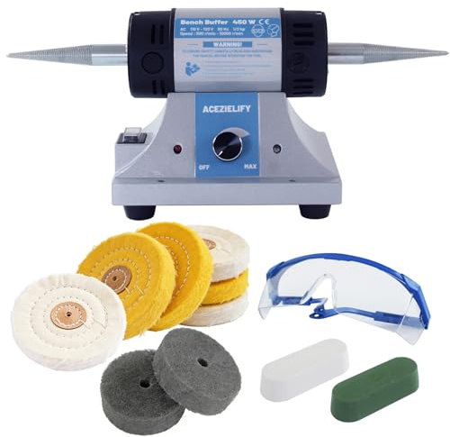 ACEZIELIFY 450W Jewelry Polisher, Variable Speed Bench Polishing Machine, Profesional Desktop Buffer Motor with 4'' Cotton, 3'' Fiber Buffing Wheels, Safe Glasses, Polish Compound for Jewelry Metal
