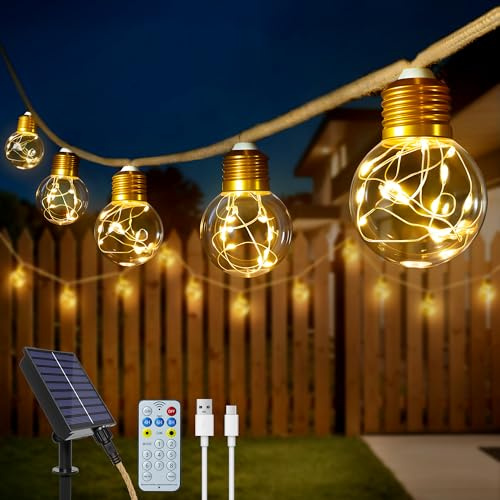 Ollny Lichterkette Außen Solar 12 m 24 LED Glühbirnen 8 Lichtmodi Warmweiß | Outdoor solar lichterkette wasserdicht, mit Timer, dimmbar, Memory und USB für Garten, Balkon und Terrasse